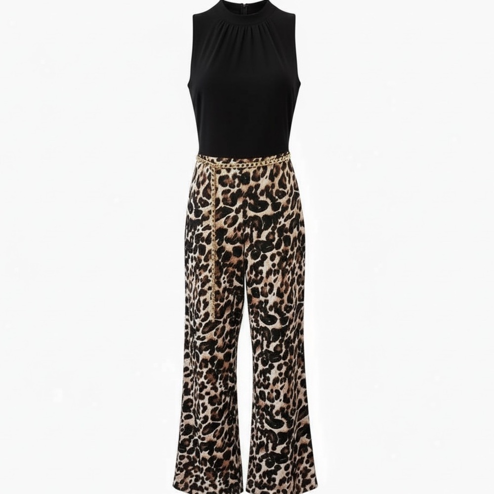 Avenue Wide Leg Sleeveless Black and Leopard Print Stretch Jumpsuit Size 14/16